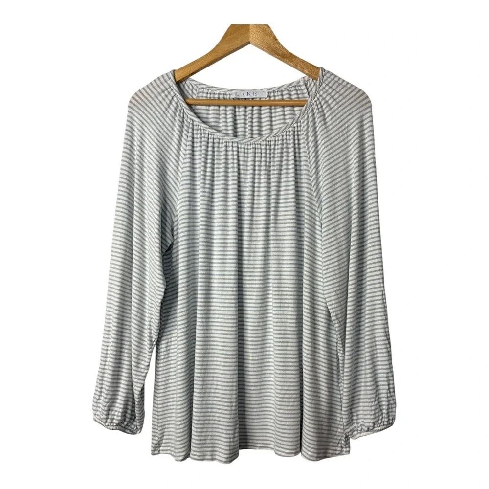 LAKE Pajamas Pima Long Sleeve Top Womens L‎ Blue Striped Modal Lounge Sleepwear